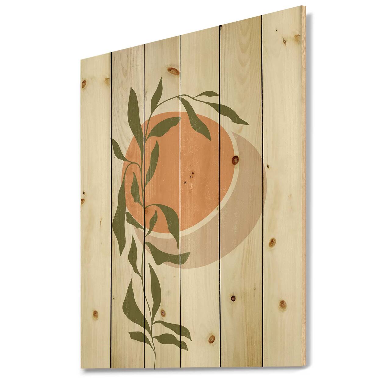 Designart - Abstract Orange Sun and Moon With Tropical Leaf - Modern Print on Natural Pine Wood